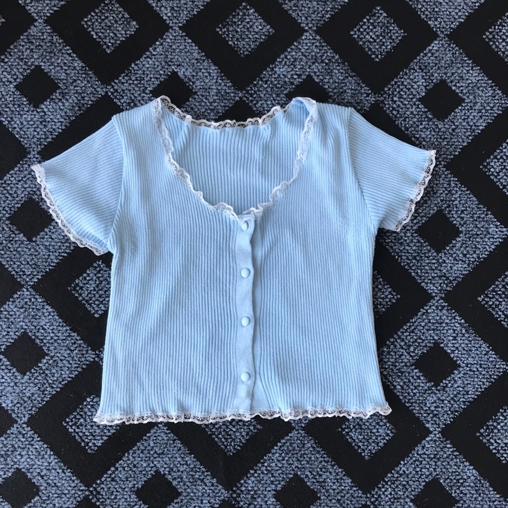 Girls Light Blue Ribbed Button-Front Top with Lace Trim